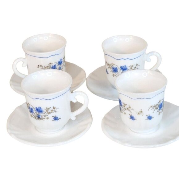 Arcopal France Demitasse Cups & Saucers Set Of 4 White With Blue Floral Design - Picture 4 of 11